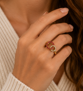 925 Sterling Silver Gold Plated Double <b>Circle</b> <b>Ring</b> with Red & White Cubic Zirconia | Modern Geometric Fashion <b>Ring</b> for Women - Product Image 3