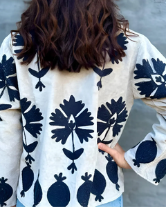 Suzani เสื้อโค้ทผ้ากำมะหยี่ปักสไตล์ Boho, เสื้อแจ็กเก็ตเทศกาลดอกไม้ทำด้วยมือเสื้อนอกสไตล์กิโมโนขาวดำวินเทจ - Product Image 2