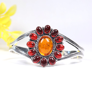 Top Quality Amber and <b>Red</b> Gemstone Cuff <b>Bracelet</b> Custom Opaque Stone Cluster Silver Plated Fashion Jewelry for Bulk Suppliers - Product Image 1