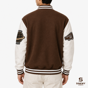 Men's Brown Varsity <b>Jacket</b> With Embroidered N Logo And Patch Preppy Style Turn-down Collar Cotton Material - Product Image 3