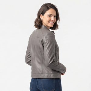 Veste en cuir véritable pour femme, style vintage, veste de motard en cuir, veste en cuir tricotée avec poche poitrine pour femme - Product Image 3