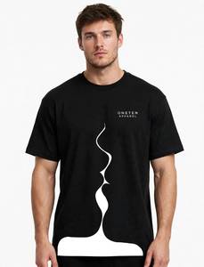 ONETEN APPAREL T-shirt noir pour homme à manches courtes, col rond, coupe classique, avec imprimé flamme abstraite blanche - Product Image 1