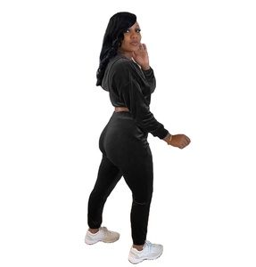 Custom Logo top quality women 2021 winter fashion velour two piece set long sleeve crop top zipper hoodie & velvet joggers - Product Image 1