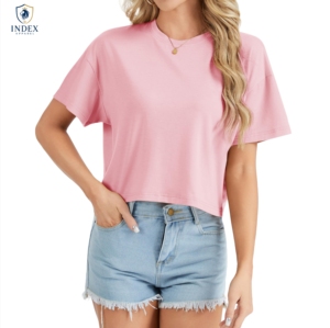 INDEX APPAREL Women's Pink Crop <b>Top</b> T-Shirt Crew Neck Short Sleeve Loose Fit Solid Color Casual Summer Wear - Product Image 1