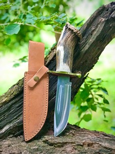 Cuchillo Bowie de 12 pulgadas hecho a mano de grado industrial con hoja de acero al carbono de alto brillo, mango de cuerno y funda de cuero - Product Image 4