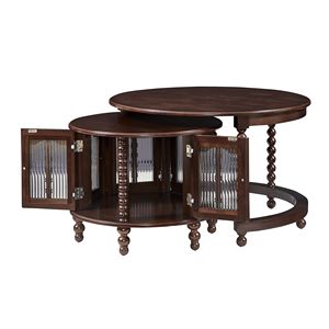 Tavolino Rotondo Vintage con Sei Ante in Vetro a Forma di Bambù e Gambe Retro con Perline, Noce, 31,5 Pollici - Product Image 5