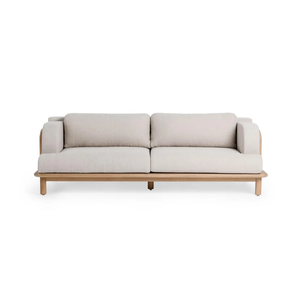 Sofá minimalista de dos plazas para exteriores con estructura de madera y cojines beige para uso en jardín. - Product Image 6