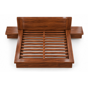 Hotel Guestroom Solid Teak <b>Wood</b> Low Profile Taverno <b>Platform</b> <b>Bed</b> with Slatted Support and Built In Side Tables Wholesale Supply - Product Image 1