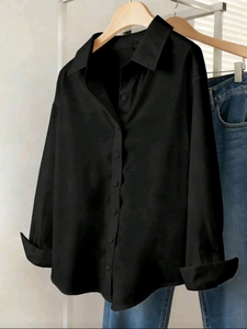 <b>Black</b> Poplin Simple Summer Woven <b>Button</b>-<b>Up</b> Blouse Long Sleeve Turn-Down Collar Front Logo <b>Shirt</b> for Daily Wear - Product Image 1