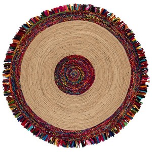 Alfombra Redonda de Yute Hecha a Mano con Flecos Coloridos, Estilo Bohemio para Sala de Estar, Decoración Mexicana de Pelo Corto - Product Image 2