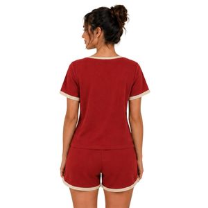 Conjunto de dos piezas de pantalones cortos rojos y beige para mujer, top con botones y cuello cuadrado, estampado geométrico minimalista, ropa informal de verano de algodón para estar en casa - Product Image 2