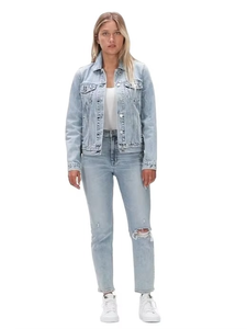 Wholesale Jackets High Quality Women <b>Jeans</b> Jacket Classic Light Blue Denim Jacket Pointed Collar Chest Pockets Vintage Look - Product Image 6