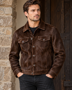 Chaqueta de Cuero para Hombre, Color Marrón, con Pelo de Vaca, Estilo Vintage, Cuello Camisero, Cierre de un Solo Botón - Product Image 4