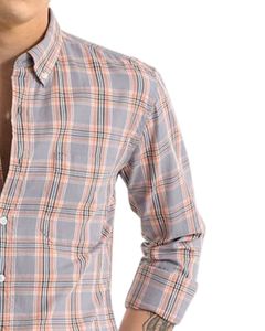 Camisa de algodón a cuadros gris claro y melocotón para hombre, manga larga, con botones, informal, de fábrica OEM, corte personalizado, de primera calidad. - Product Image 2
