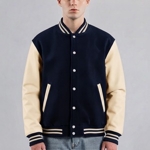 Nouvelle conception de veste varsity personnalisée pour hommes, veste bomber Letterman, corps en laine marine, manches en cuir crème, style universitaire baseball - Product Image 1