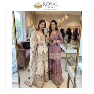 <b>Top</b> Notch Quality Beautiful Designer Indian Clothing Collection of Chinnon Silk Sharara Suit with Embroidery Work at Low Price - Product Image 5