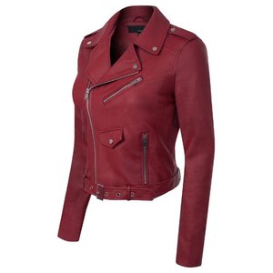 Veste de motard en similicuir tricoté pour femme, fermeture éclair rouge, coupe-vent, vêtement d'extérieur d'hiver - Product Image 2
