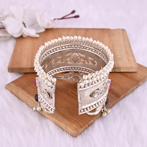 Women's Pink Hydro & Blue Hydro & Kundan Pearl Ethnic Cuff <b>Bracelet</b> | Silver Plated Brass Jewelry - Product Image 6