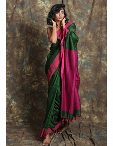 Sari de Algodón Verde Bosque KV Tejido a Mano con Blusa Sin Coser - Product Image 2