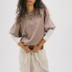 Sudadera de Mujer con Logo Personalizado, Manga Abullonada, Color Sólido, Tejido de Punto, Cuello Redondo, Transpirable, Algodón, Estilo Otoñal - Product Image 1