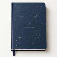 Carnet personnalisé LABON en lin bleu marine avec couverture rigide et impression argentée de la carte des constellations, cadeau personnalisé