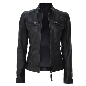 Premium Quality Women's Real Leather Moto <b>Jacket</b> with Padded Shoulders and Mandarin Collar - Breathable & Durable Outdoor Wear - Product Image 1
