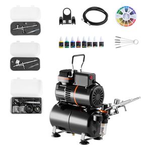 Kit Aerografo Professionale 1/6 HP con Compressore d'Aria, 3 Aerografi a Doppia Azione, 3 Ugelli e Tubo per Applicazioni Acriliche e Automobilistiche - Product Image 1