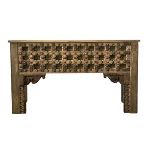 Table console en bois massif de style héritage avec deux tiroirs, finition métallique, table d'appoint pour petit espace, fabriquée à la main pour le salon - Product Image 1