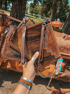 Hair On <b>Tooled</b> <b>Leather</b> Handbags for Women | Genuine Cowhide Western Crossbody Sling Bag with Hand <b>Tooled</b> Design - Product Image 4