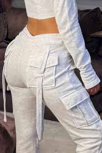 Women's <b>Light</b> Gray Solid Color Cotton Tracksuit Casual Wear Breathable Full Sleeve Hooded Zipper Front With Side Pockets - Product Image 4
