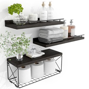 <b>Black</b> Stainless Steel Floating Bathroom Wall <b>Shelf</b> Set 3-Tier Minimalist Wood Handicraft Modern Geometric Storage Functions - Product Image 1