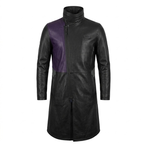 Manteau trench en cuir véritable noir pour homme, avec panneau violet personnalisé sur la poitrine, fermeture éclair décalée, col montant, fabricant B2B - Product Image 1