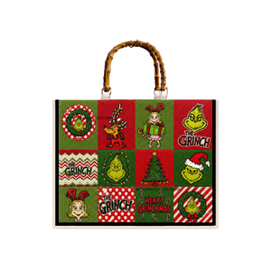 Sac fourre-tout de Noël Grinch tendance, fait main, perlé, avec poignées en bambou, sac de courses ouvert pour les fêtes de Noël - Product Image 1