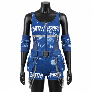 Traje de baño para mujer, 225 GSM, poliéster y spandex de alta elasticidad, estilo denim, azul océano, panel de malla, logotipo sublimado. - Product Image 1