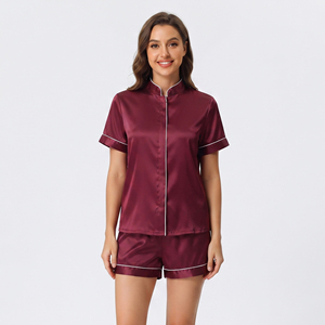 Ensemble de pyjama pour femmes en satin à manches courtes et short, chemise boutonnée en soie 100%, short, deux pièces pour femmes - Product Image 2