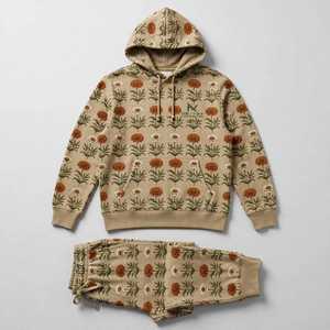 NEXTEX Unisex Zinnia Floral Tracksuit Beige Rust Orange <b>Cream</b> Soft Cotton <b>Fleece</b> Hoodie Jogger Pants Set for Men <b>Women</b> - Product Image 2
