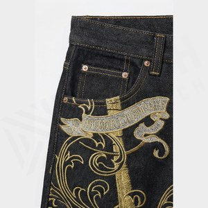 Straight-Leg Dark Wash <b>Denim</b> Jeans Men High Waist Regular Fit Cotton Embroidery Streetwear Autumn Style Pants - Product Image 5