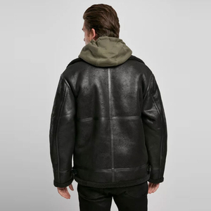 Men’s Black <b>Shearling</b> Leather Warm Faux Fur Lined Motorcycle Biker <b>Jacket</b> | Zip-Up Winter Aviator Coat with Adjustable Waist - Product Image 4