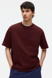 T-shirt en toile de coton bordeaux coupe classique pour homme, manches courtes, col rond, couleur unie, tricoté, design vierge, anti-rétrécissement, 300g - Product Image 4