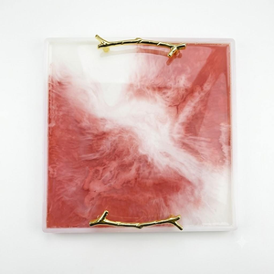 Plateau de service carré en résine époxy avec poignées dorées, effet marbre rose, fait main, décoratif, pour le rangement du café - Product Image 1