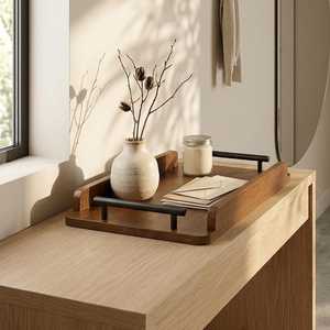 Decorative Wooden Table Tray With Metal Handle Coffee Table Organizer Tray Handmade Rustic Accent for Modern Interiors - Product Image 2