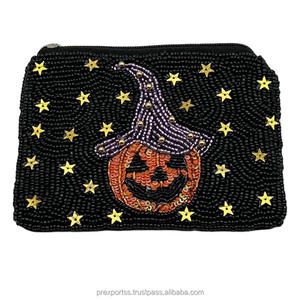 Halloween Beaded Pumpkin Face Pouch Witch Hat Design Handmade Zipper Clutch Party Favor <b>Small</b> Coin Purse Custom Gift <b>Wallet</b> Soft - Product Image 1