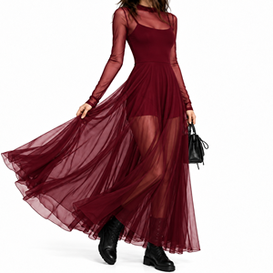 Robe longue noire à col choker et manches longues, avec superposition transparente, coupe trapèze ajustée, ourlet asymétrique, idéale pour les soirées, toutes saisons - Product Image 6