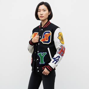 Custom Men's Black Wool Varsity Jacket Leather Sleeve Fire Society California Patch Streetwear Baseball Letterman Jacket Winter - Product Image 5