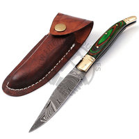Couteau pliant en acier Damas, nouvelle édition, avec étui en cuir, couteau de chasse Laguiole, couteau de poche avec manche en bois rouge-vert et bolster en laiton