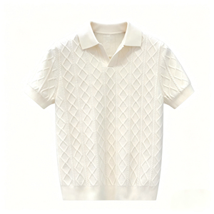 <b>Women's</b> <b>White</b> Short Sleeve Knitted <b>Polo</b> <b>Shirt</b> Argyle Pattern Breathable Casual Top <b>Women</b> Retro Textured Knit Short Sleeve <b>Polo</b> - Product Image 1