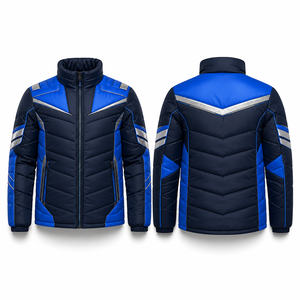 Men's Blue Navy Color Block Puffer <b>Jacket</b> Windproof Zipper Closure Sporty Winter Regular Fit Stand Collar Front <b>Fleece</b> <b>Lining</b> - Product Image 1