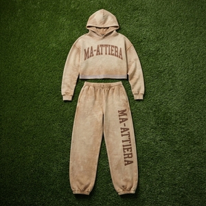 Custom <b>Women</b> Acid Wash <b>Beige</b> Cropped Hoodie Jogger Set Cotton Fleece Streetwear <b>Tracksuit</b> OEM Wholesale - Product Image 5
