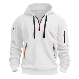 Sudadera con Capucha y Cierre de Cremallera para Hombre, Color Blanco, Corte Regular, Color Sólido, Estilo Casual para Otoño, con Bolsillos, Material de Algodón Tejido - Product Image 1