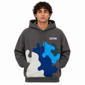 OEM Custom Men <b>Puzzle</b> Patchwork Hoodies Oversized Heavyweight Fleece Color Block Hooded Pullover Top Kangaroo Pocket Streetwear - Product Image 2